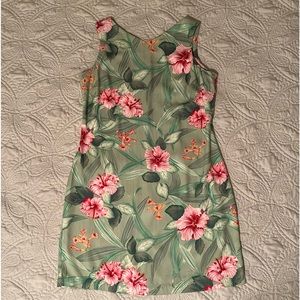 Caribbean Joe V-neck Sleeveless Mini Dress Mint Green with Hibiscus Flowers